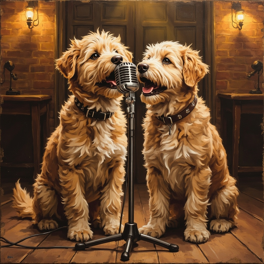 Two shaggy golden dogs singing into a vintage microphone in a warmly lit brick room